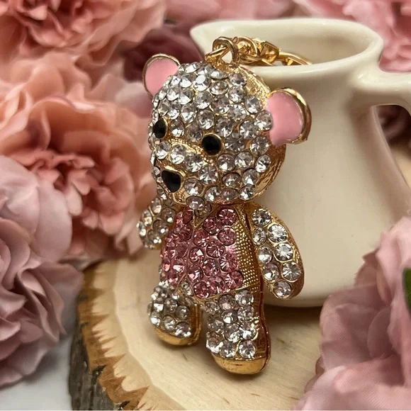 Pink and Silver Crystal Teddy Bear Keychain Charm - Picture 3 of 13